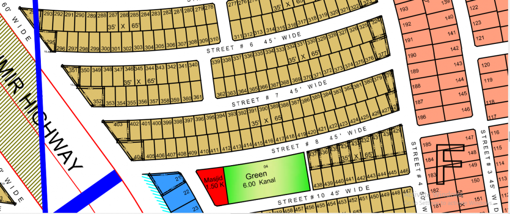 Location on map of 300 series plots in F Block of Top City 1