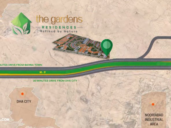 Location map of The Gardens Residences Karachi - m9 motorway - farmhouse plots