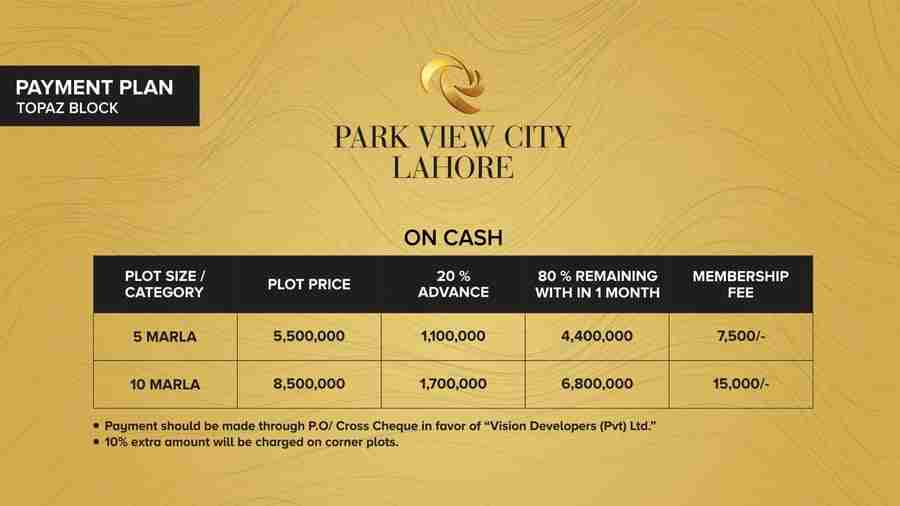 Paymane Plan - Park View City Lahore - TOPAZ BLOCK