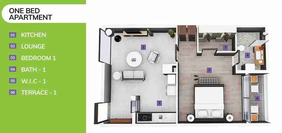 one-bed apartment in skypark one-3D floor plan