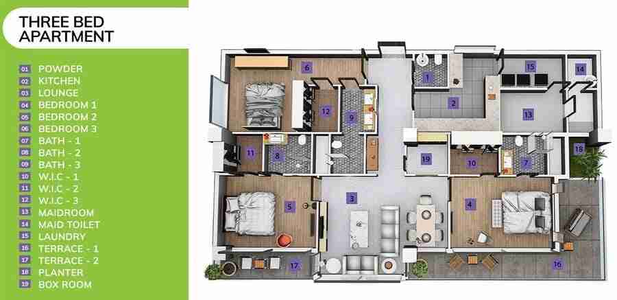 three-bed apartment in skypark one-3D floor plan