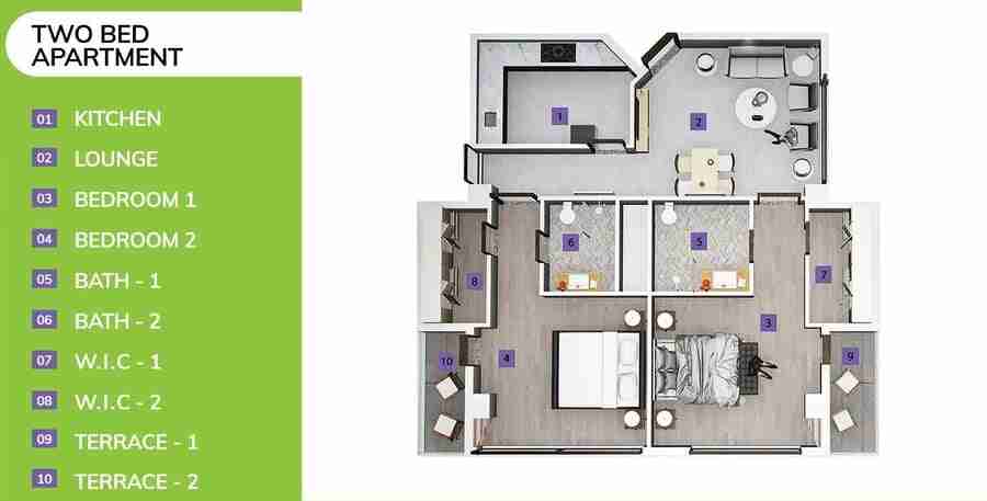 two-bed apartment in skypark one-3D floor plan