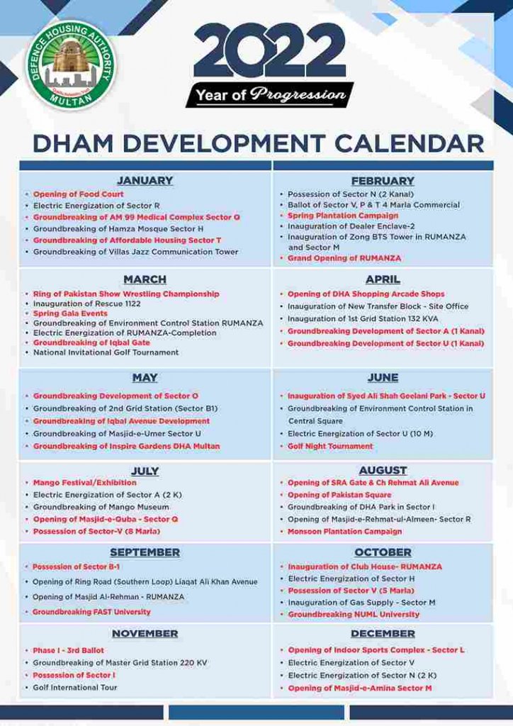 DHA Multan - Development Calendar 2022