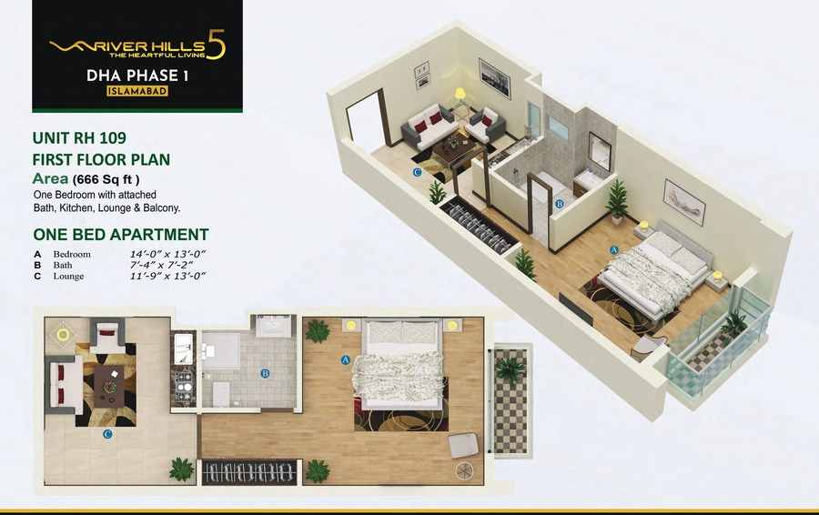 River Hills 5 - 1 Bed Apartment Layout Plan